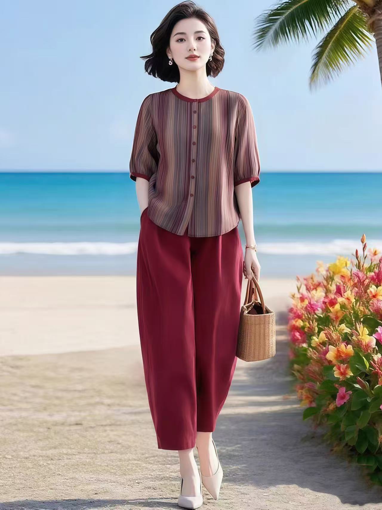 문예 스트라이프 프린트 맨위 허리밴드 루즈핏 9부 바지 세트 여름