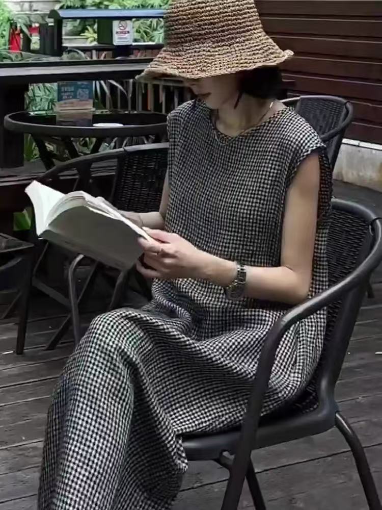 빅 사이즈 루즈핏 표지 배 프랑스식 그는 벤 바람 고급 센스 캐주얼 체크무늬 민소매 조끼 여성 드레스 새로운