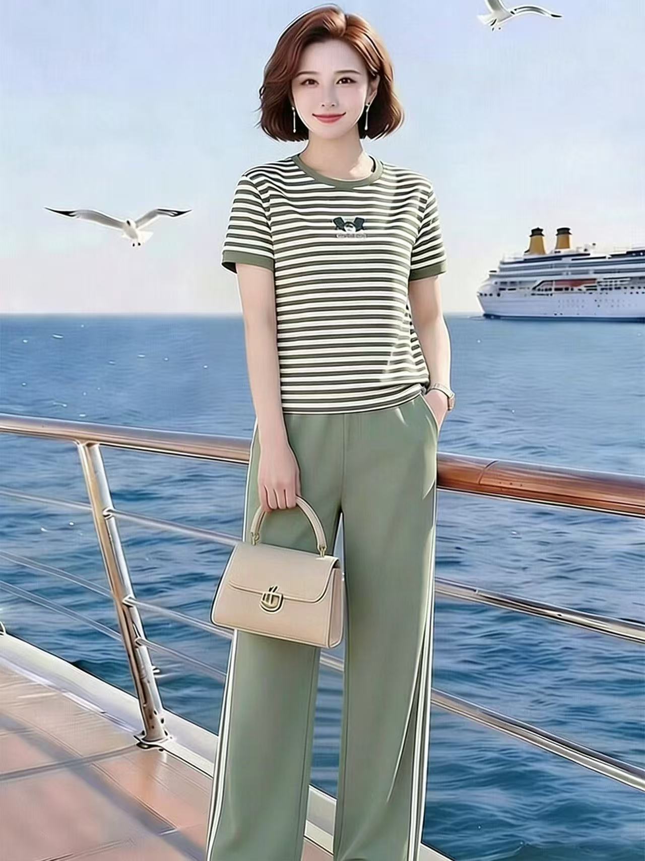 패션 외국 가스 자수 스트라이프 외국 가스 캐주얼 운동 투피스 세트 봄