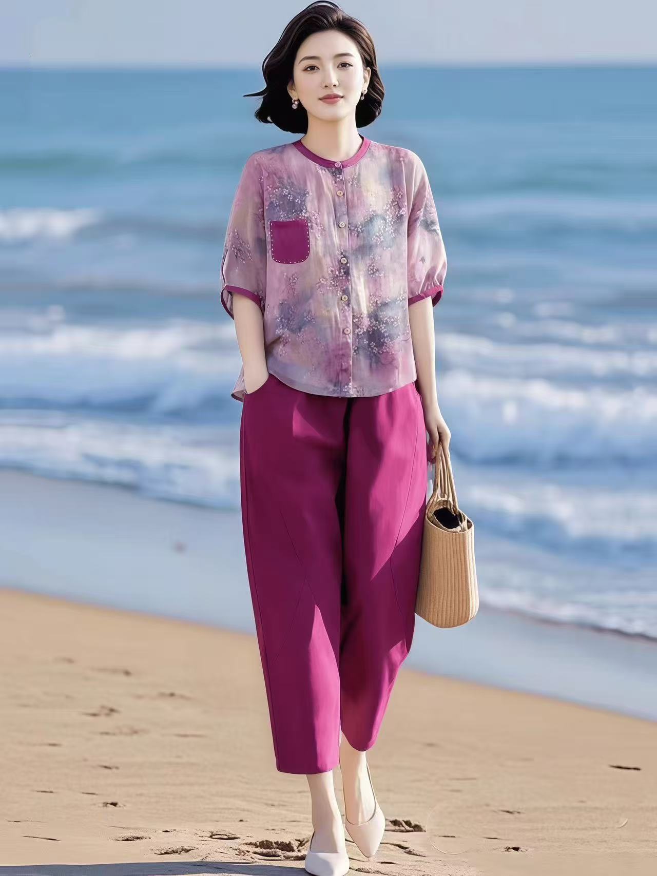 여름 색상 라스베리 빨간색 프린트 셔츠 허리밴드 하렘 바지 세트