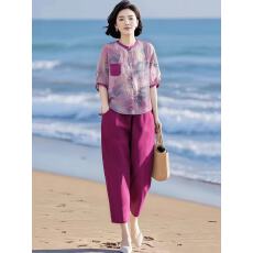 批发夏季色树莓红印花衬衫+松紧腰<b class='q'>哈伦裤</b><b class='q'>套装</b>