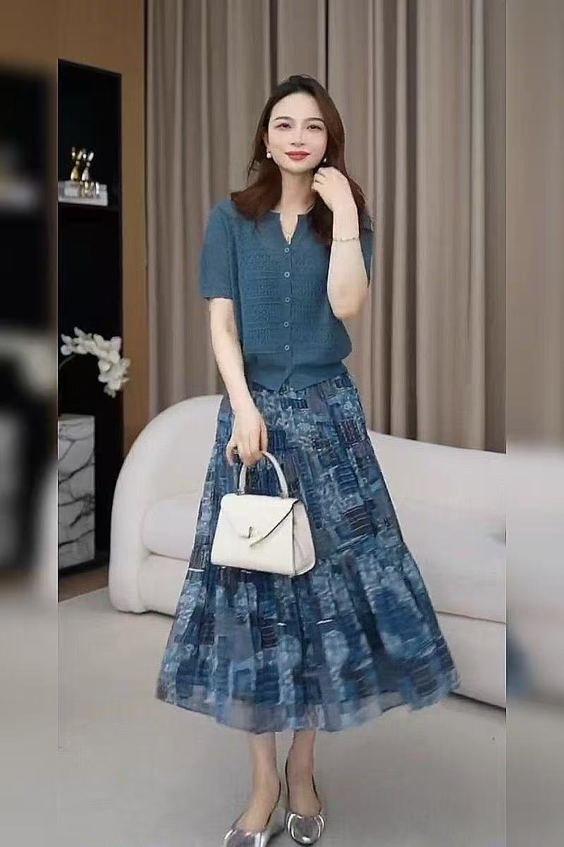 작은 키 고유 한 아름다운 여름 느슨함 센스 캐주얼 느긋한 바람 파란색 티셔츠 맨위 반신 치마 세트 여성