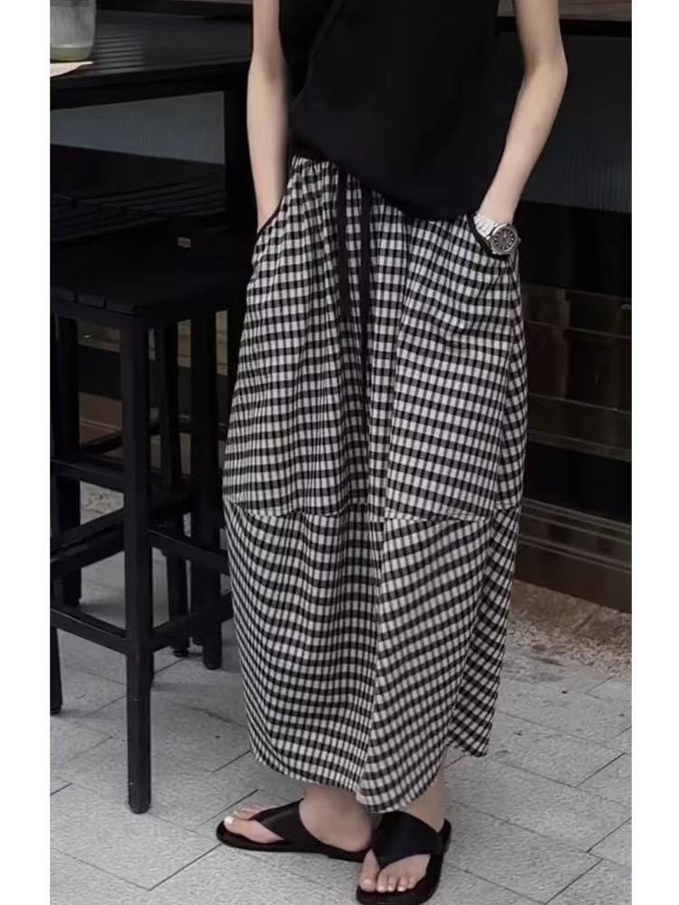 레트로 체크무늬 꽃밭 반신 스커트 여성 여름 얇은 스타일 빅 사이즈 하이웨이스트 표지 넓적 다리 슬림해 보이는 도루 가을 센스 a 단어 길이 치마