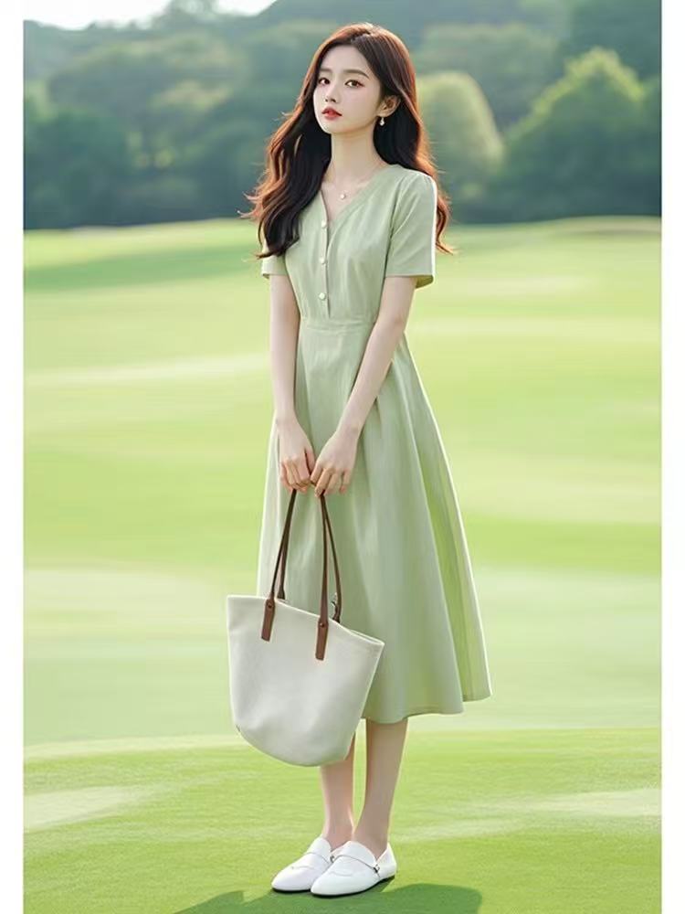 대기 점잖은 작은 키 디스플레이 높음 치마 아이들 여름 새로운 숙녀 착용 가져 가라. 녹색 V넥 면 린넨 여성 드레스