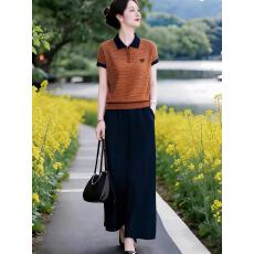 批发时尚撞色针织衫+松紧腰裤子休闲<b class='q'>套装</b>夏季