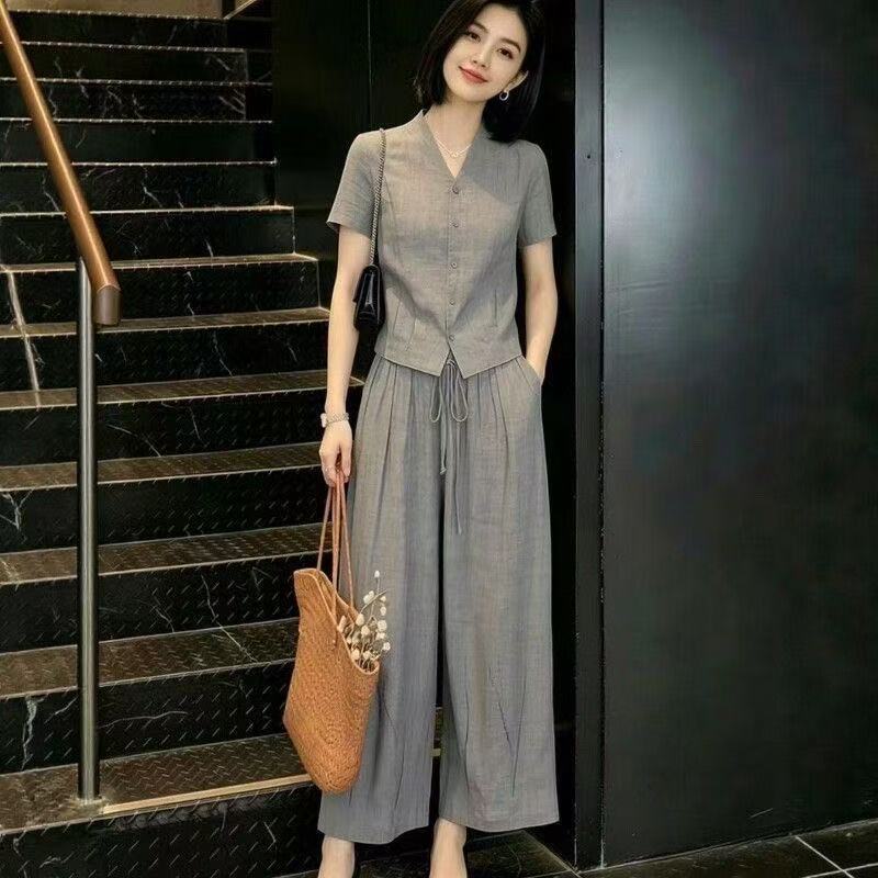 슬림해 보이는 루즈핏 맨위 허리밴드 펌프 로프 와이드 레그 팬츠 세트 여름