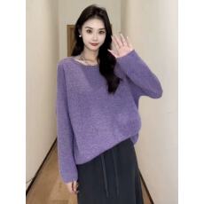 批发<b class='q'>大码</b>紫色显白细闪毛衣针织衫女秋季胖mm宽松显瘦内搭打底外穿上衣