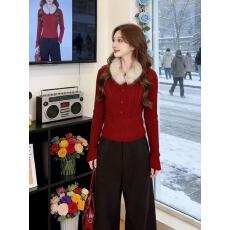 批发法式复古麻花毛领长袖<b class='q'>针织</b>衫女2025年秋季新款修身打底衫短款上衣