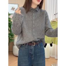 橘色镂空钩花立领长袖针织开衫女秋冬2025新款韩系小众百搭上衣