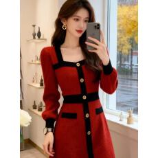 批发韩国轻奢名媛小香风圣诞敬酒红色针织<b class='q'>连衣裙</b>女秋冬小香风打底<b class='q'>长裙</b>