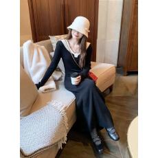 批发曾小咸 韩系<b class='q'>黑色</b>v领长袖针织连衣裙女秋冬收腰修身内搭打底<b class='q'>长裙</b>子