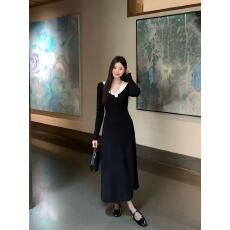 批发文然WENRAN <b class='q'>黑色</b>立体绣花简约长袖针织连衣裙女秋中长款显瘦A字裙