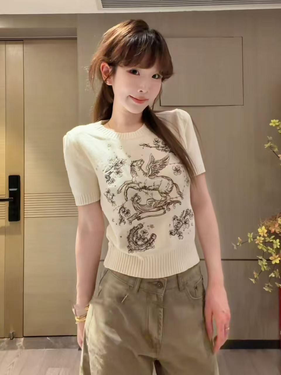 RY435# 韩系风小马重工刺绣短袖t恤女初夏新款圆领显瘦百搭气质针织上衣