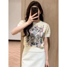 批发花卉刺绣条纹圆领短袖<b class='q'>针织衫</b>轻奢高级感上衣2026春季新款女