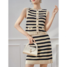 批发夏日绝美巨好看的小香风<b class='q'>条纹</b>针织背心半身裙子两件套装夏装一整套