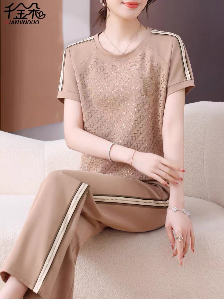 BY29470# 夏装运动套装短袖T恤衫两件套女装裤子夏季薄款阔腿裤 服裝批發女裝批發服飾貨源