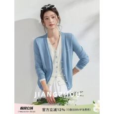 批发江洲JIANGZ 春季新款撞色V领假两件毛针织<b class='q'>开衫</b><b class='q'>女</b>通勤蓝色长袖上衣