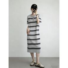 批发长款黑白条纹polo领长裙夏季新款直筒大码<b class='q'>宽松</b>显瘦遮肉短袖<b class='q'>连衣裙</b>