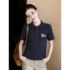 批发<b class='q'>通勤</b>简约休闲慵懒风翻领短袖Polo衫女蓝色刺绣百搭显瘦减龄上衣潮