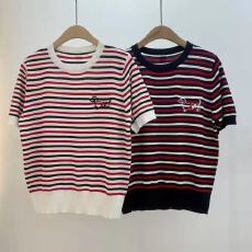 批发夏季新款学院风红色条纹撞色圆领刺绣小狗套头短袖针织衫T恤上衣