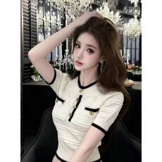 批发LYM STudio 法式小香风撞色圆领短袖针织衫女白色金扣气质上衣