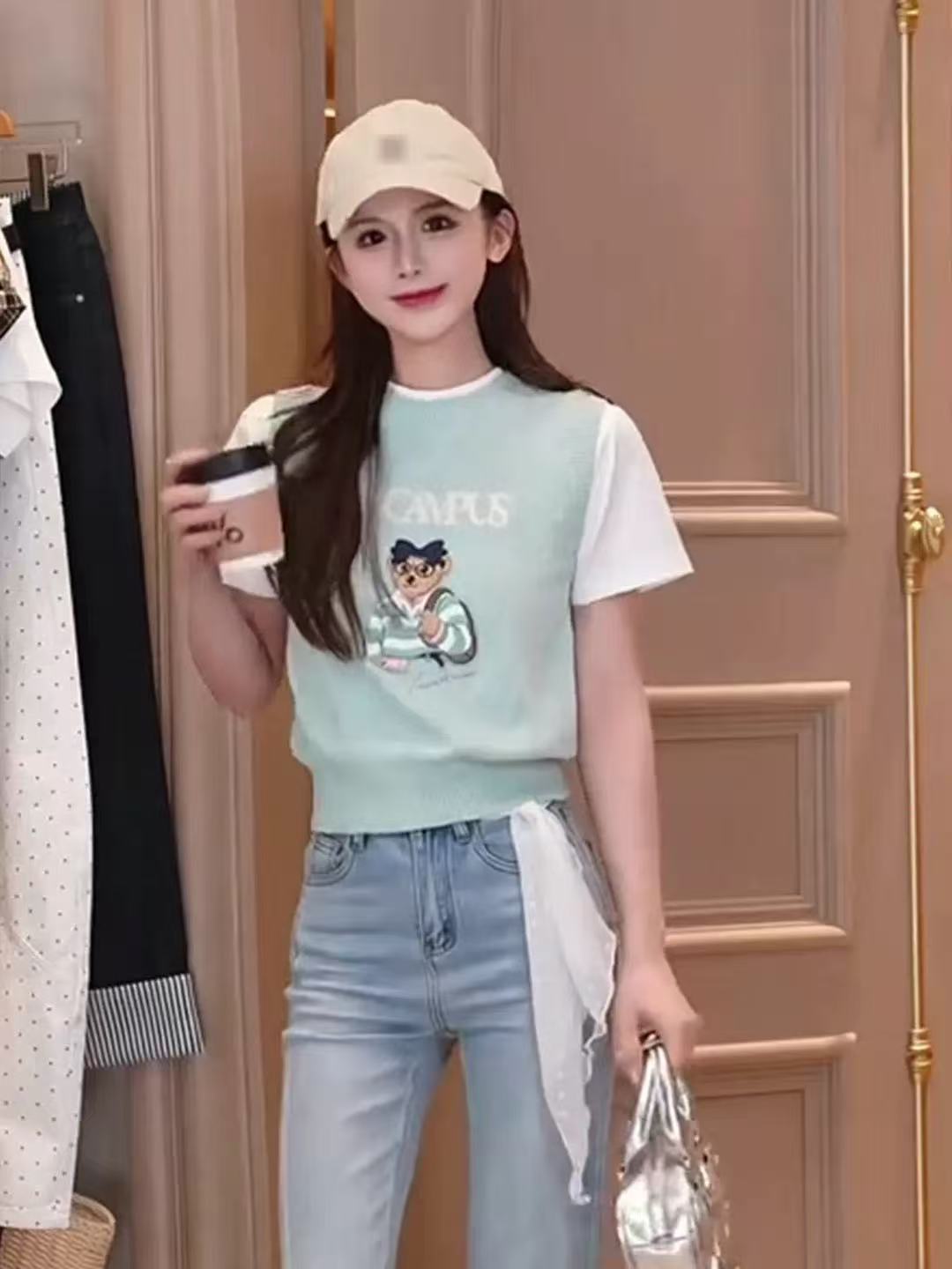 주 주 추 같은 단락 여성 의류 활력 센스 패치워크 니트 베스트 페이크 레이어드 티셔츠 여름 만화 자수 작은 맨위