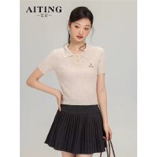 批发小熊刺绣polo领正肩针织短袖<b class='q'>t</b><b class='q'>恤</b>女夏季新款修身显瘦内搭短款上衣