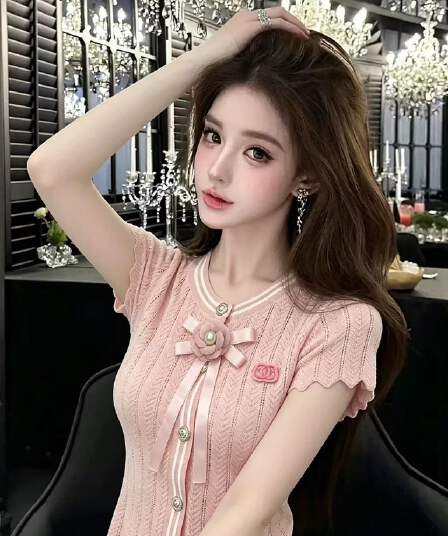 lym studio 검정색 반팔 티셔츠 여성 나비 매듭 진주 장식 몸매 가꾸기 슬림해 보이는 품격 맨위 트렌디