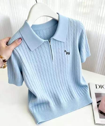 미니멀리즘 POLO 칼라 꽈배기 니트 스웨터 빅 사이즈 지방 mm 여성 여름 새로운 반팔 하프 지퍼 품격 캐주얼 맨위