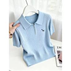 批发简约Polo领麻花针织衫大码胖MM女夏季新款短袖半拉链气质休闲上衣