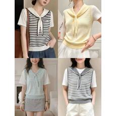 批发海军领条纹针织正肩短袖T恤女2026夏新款大码胖mm慵懒风减龄上衣