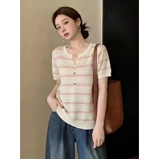 批发V领粉色条纹冰丝针织短袖T恤女2026新款夏大码胖mm超好看正肩上衣
