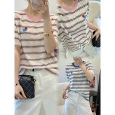 批发夏季新款条纹小象刺绣针织短袖女宽松时尚百搭圆领撞色上衣针织衫