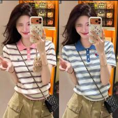 批发蓝白撞色条纹翻领刺绣短袖针织衫女夏季宽松透气显瘦百搭显瘦上衣