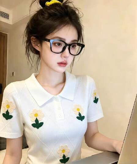 보존 섹션 추천 작은 청신 꽃 POLO 칼라 반팔 니트 스웨터 여성 여름 새로운 달콤함 다용도 맨위