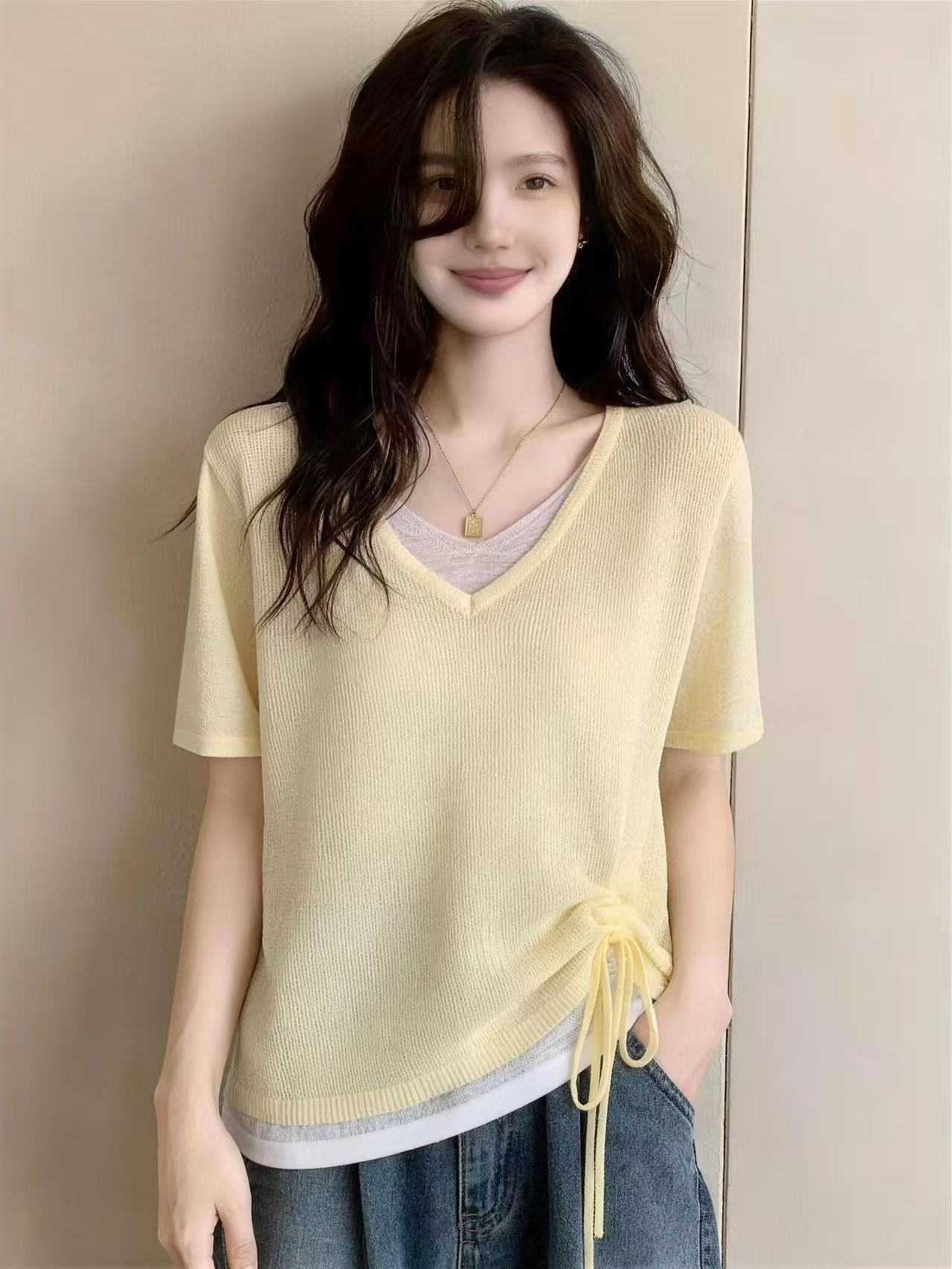 불규칙 V넥 펌프 로프 배색 페이크 레이어드 맨위 여성 여름 빅 사이즈 지방 mm 한국 스타일 연령 감소 얼음 실크 니트 스웨터