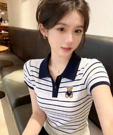 한 부서 자수 작은 곰 POLO 칼라 반팔 티셔츠 여성 여름 연령 감소 외국 가스 배색 스트라이프 몸매 가꾸기 슬림해 보이는 맨위