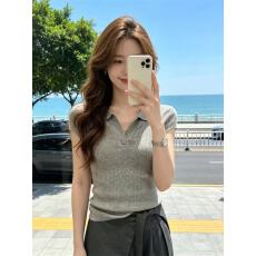 批发2026夏季新款半开领时尚坑条短袖毛针织衫<b class='q'>女</b>独特修身显瘦减龄上衣