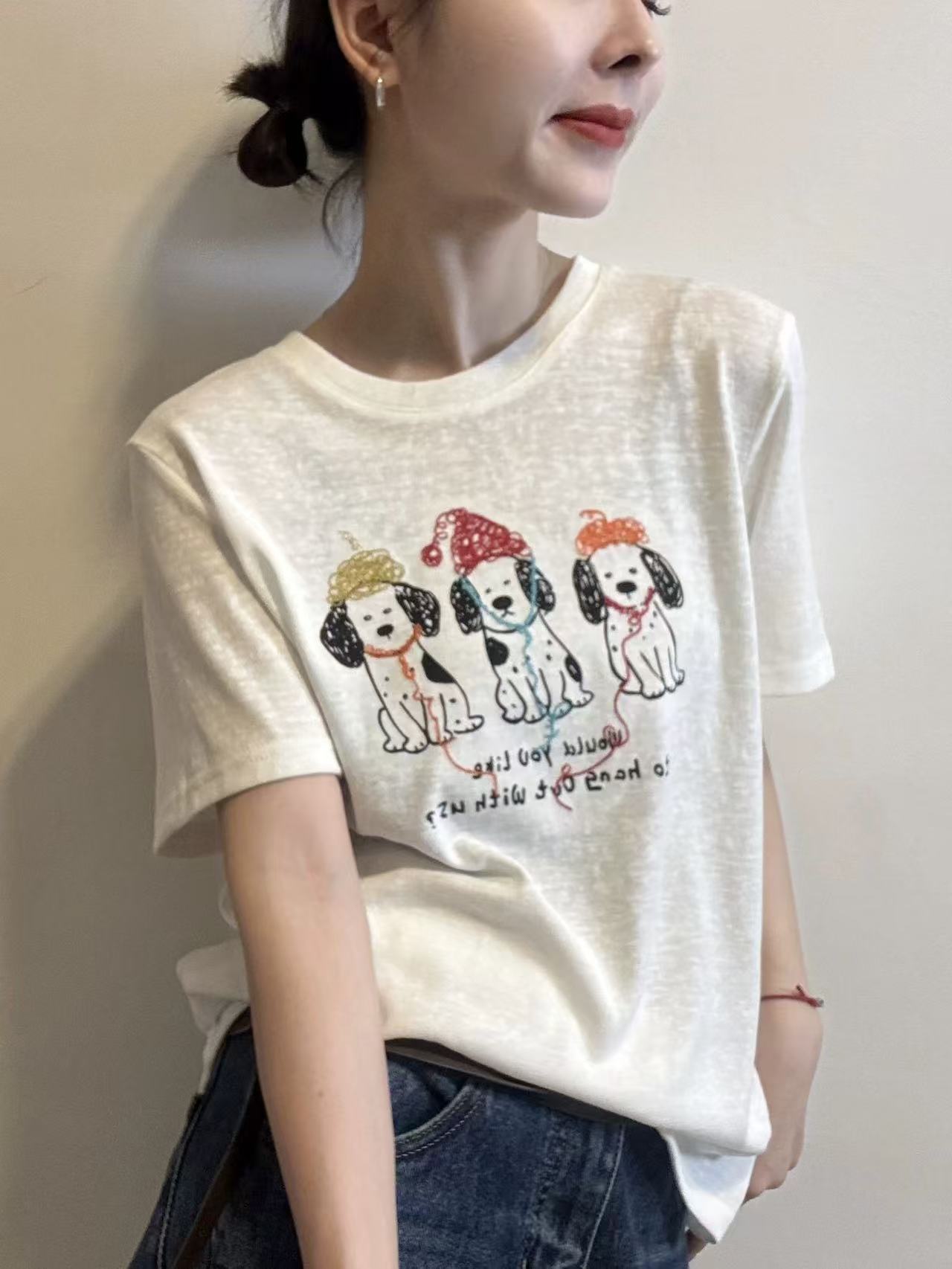 만화 귀여운 모자 착용 강아지 프린트 반팔 티셔츠 여성 여름 새로운 라운드 넥 동정 기본 셔츠 인사이드 잡아라. 의류
