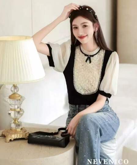 비즈 박기 품격 프릴 칼라 무거운 작업 다이아몬드 세팅 반팔 페이크 레이어드 니트 스웨터 품격 맨위 가을 새로운 여성