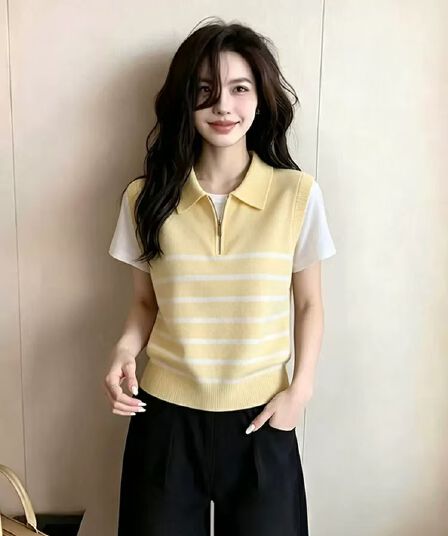 황색 하프 지퍼 POLO 칼라 스트라이프 니트 스웨터 여성 2026 여름 새로운 작은 키 페이크 레이어드 반팔 맨위