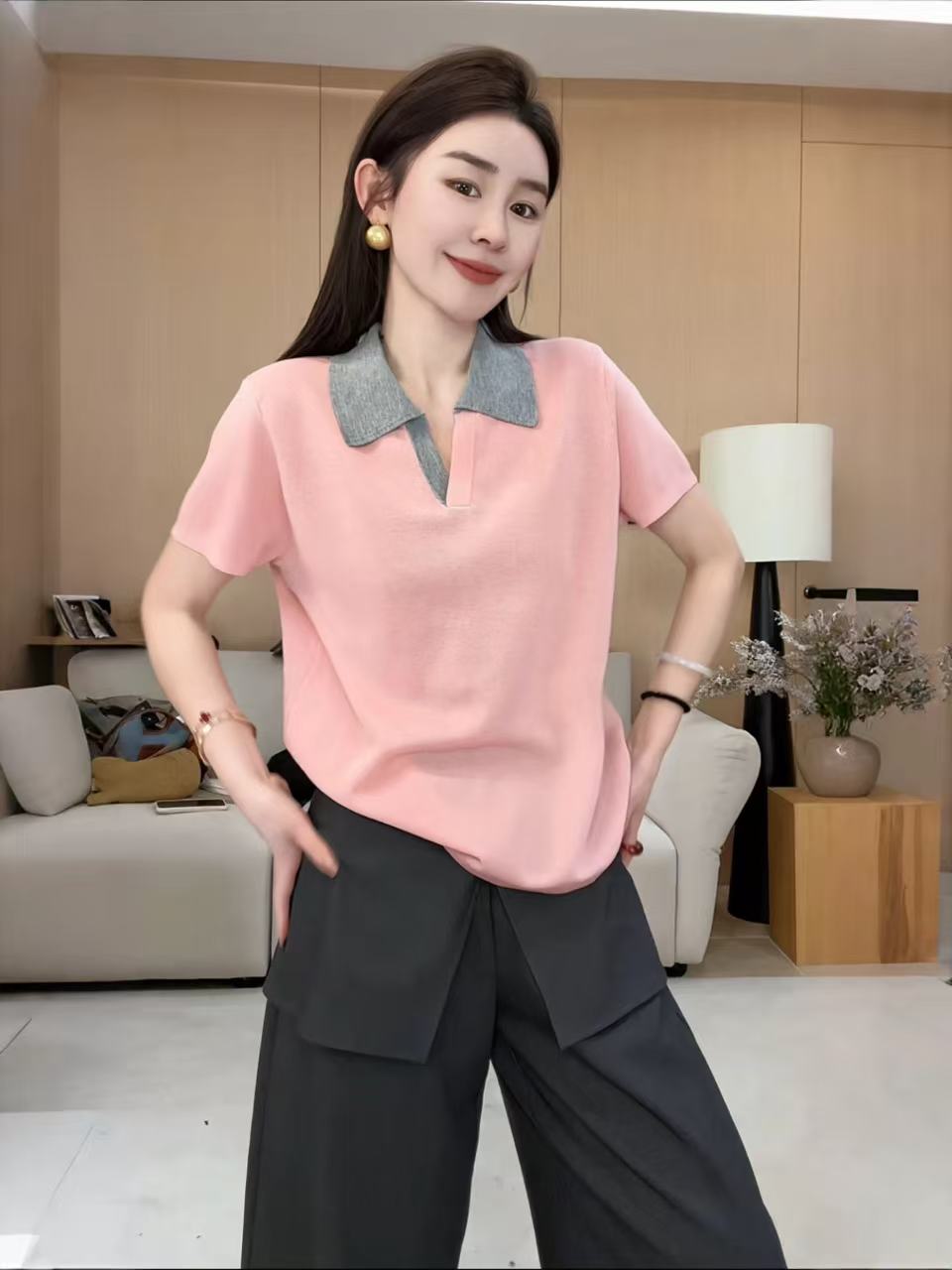 玖 위로 하나 玖 26 새로운 작은 대중 디자인 익스트림 제인 바람 배색 폴로 칼라 니트 반팔 티셔츠