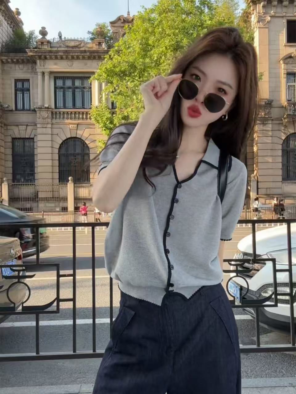 한 부서 POLO 칼라 회색 반팔 얼음 실크 니트 오픈 가디건 여성 자이언트 잘 생긴 ~ 중 여름 고유 한 아름다운 맨위 얇은 스타일