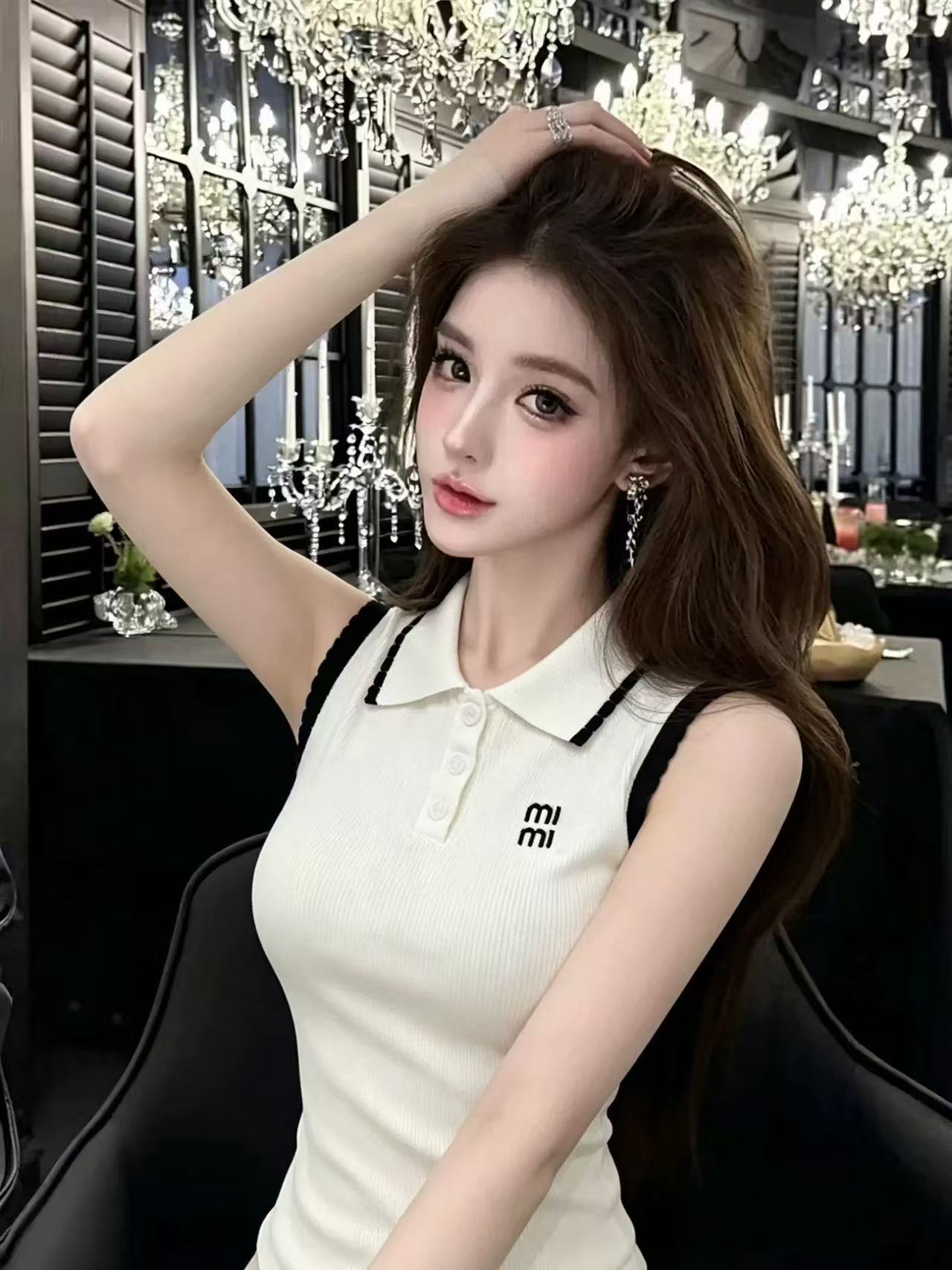 lym studio 한 부서 학원 스타일 POLO 칼라 민소매 티셔츠 여성 화이트 폴로 칼라 슬림해 보이는 다용도 맨위