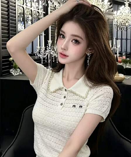 lym studio 작은 샤넬 스타일 무거운 작업 진주 칼라 홀로우 아웃 니트 POLO 셔츠 여성용 짧은 소매 품격 맨위