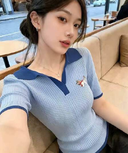 한국 동대문 파란색 만화 자수 POLO 칼라 얼음 실크 니트 반팔 티셔츠 여름 외국 가스 연령 감소 맨위