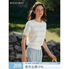 批发欧芮儿2026夏季新款白色水波纹挑孔肌理弹性罗纹圆领短袖<b class='q'>针织衫</b>女