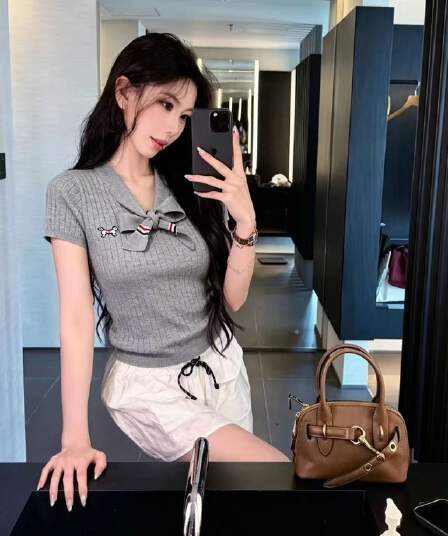 한 부서 강아지 자수 레이스업 반팔 니트 스웨터 여성 2026 여름 새로운 품격 몸매 가꾸기 슬림해 보이는 다용도 맨위