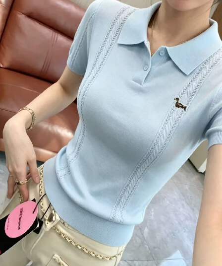 한 부서 파란색 자수 POLO 칼라 반팔 니트 스웨터 여성 여름 새로운 연령 감소 다용도 슈퍼 잘 생긴 슬림해 보이는 맨위