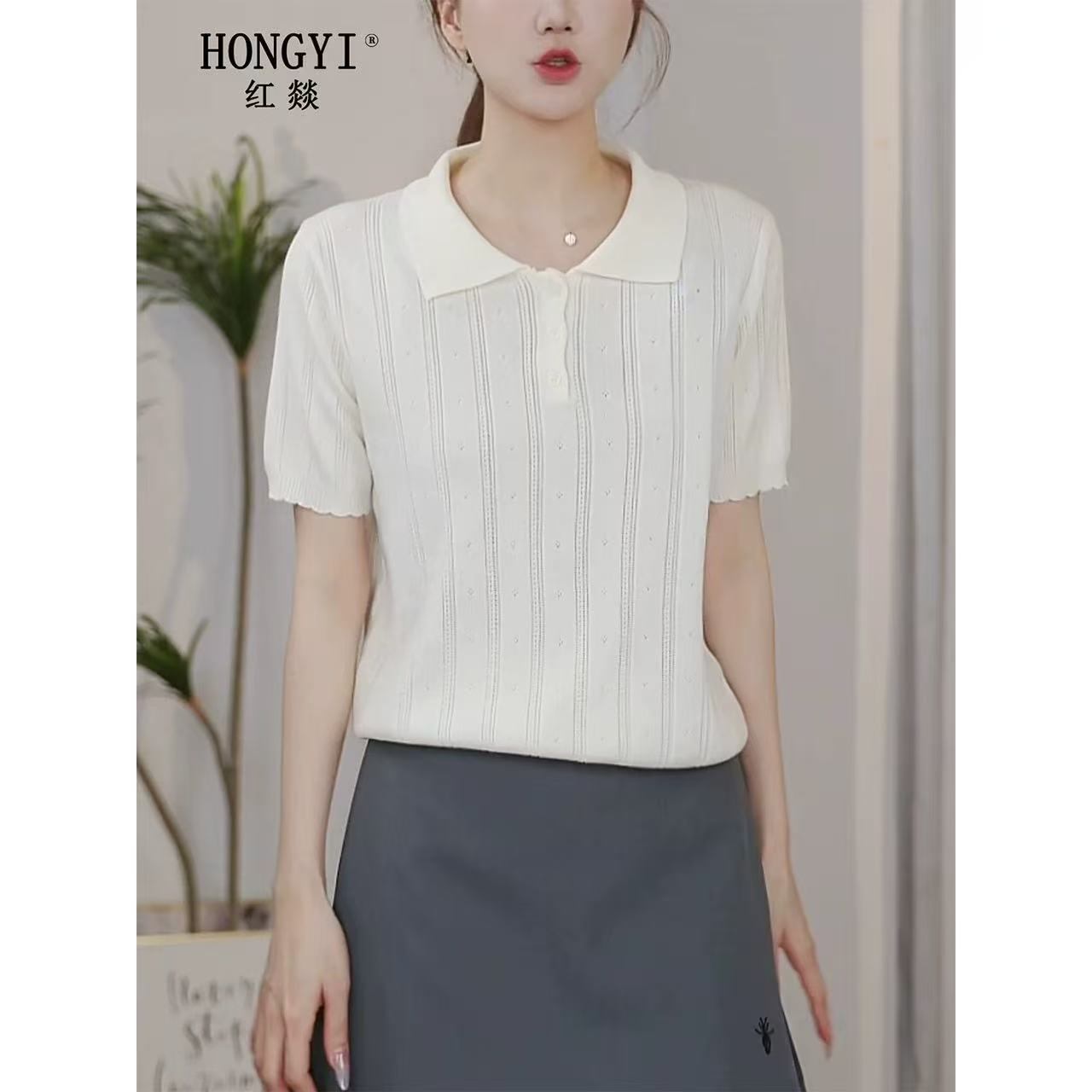 레트로 POLO 칼라 얼음 실크 홀로우 아웃 니트 반팔 티셔츠 여성 봄 여름 얇은 스타일 몸매 가꾸기 다용도 긍정적 인 어깨 작은 셔츠 맨위